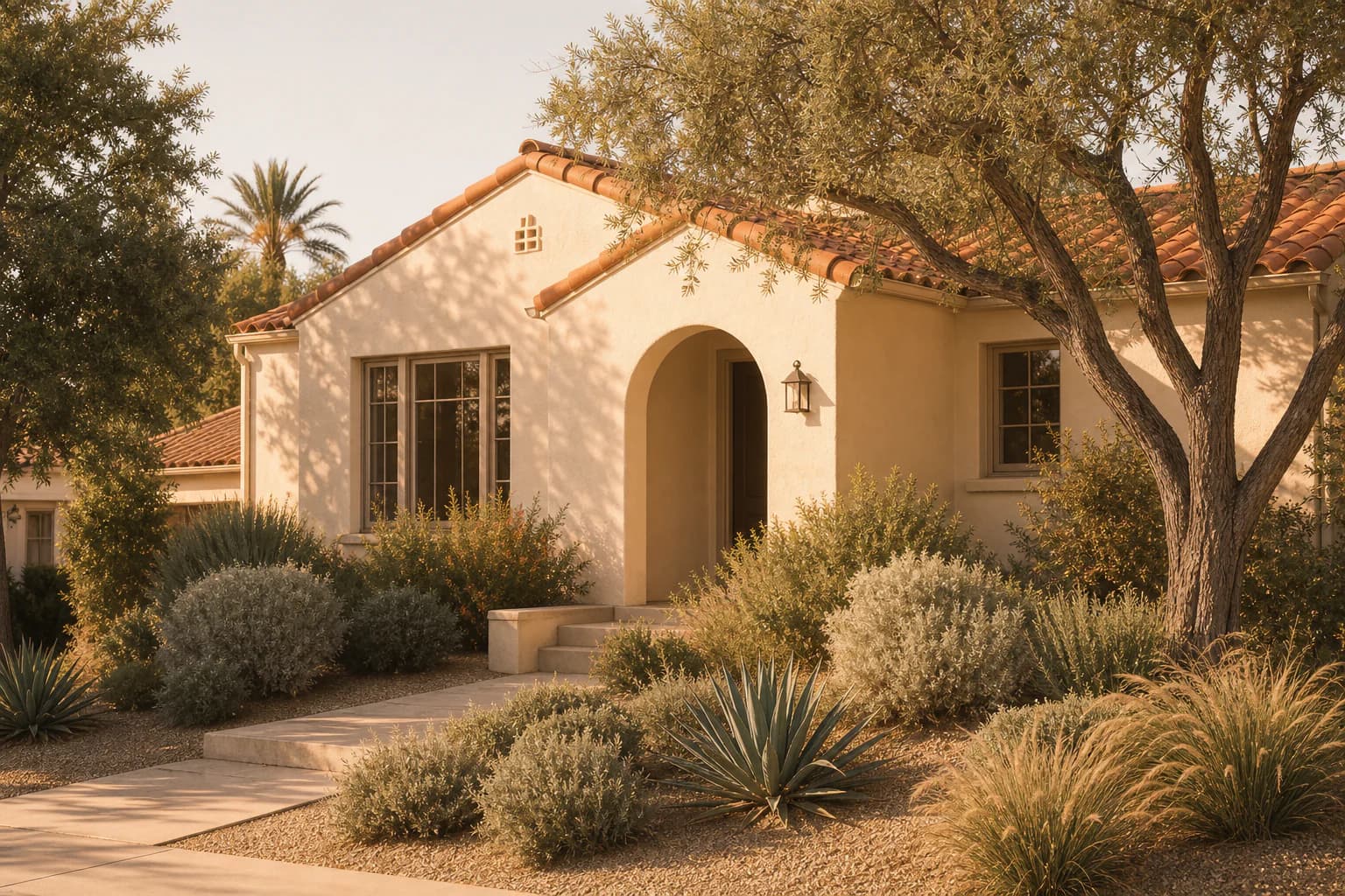 An arched entry framed by olive trees and warm stucco