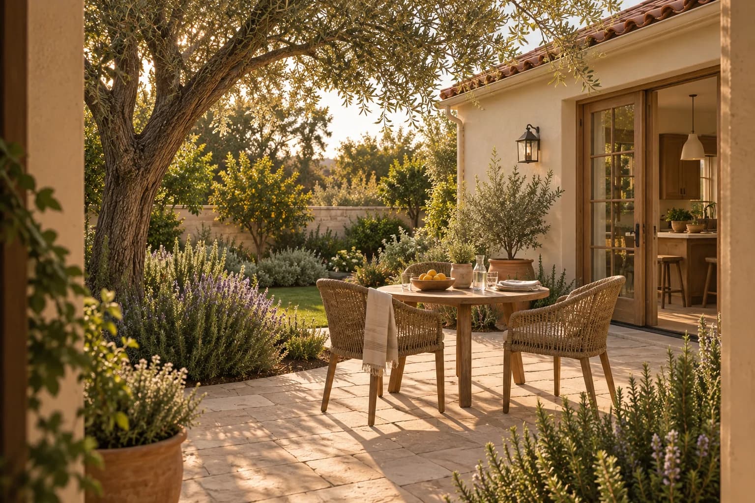 A garden table beneath an olive tree beside open kitchen doors