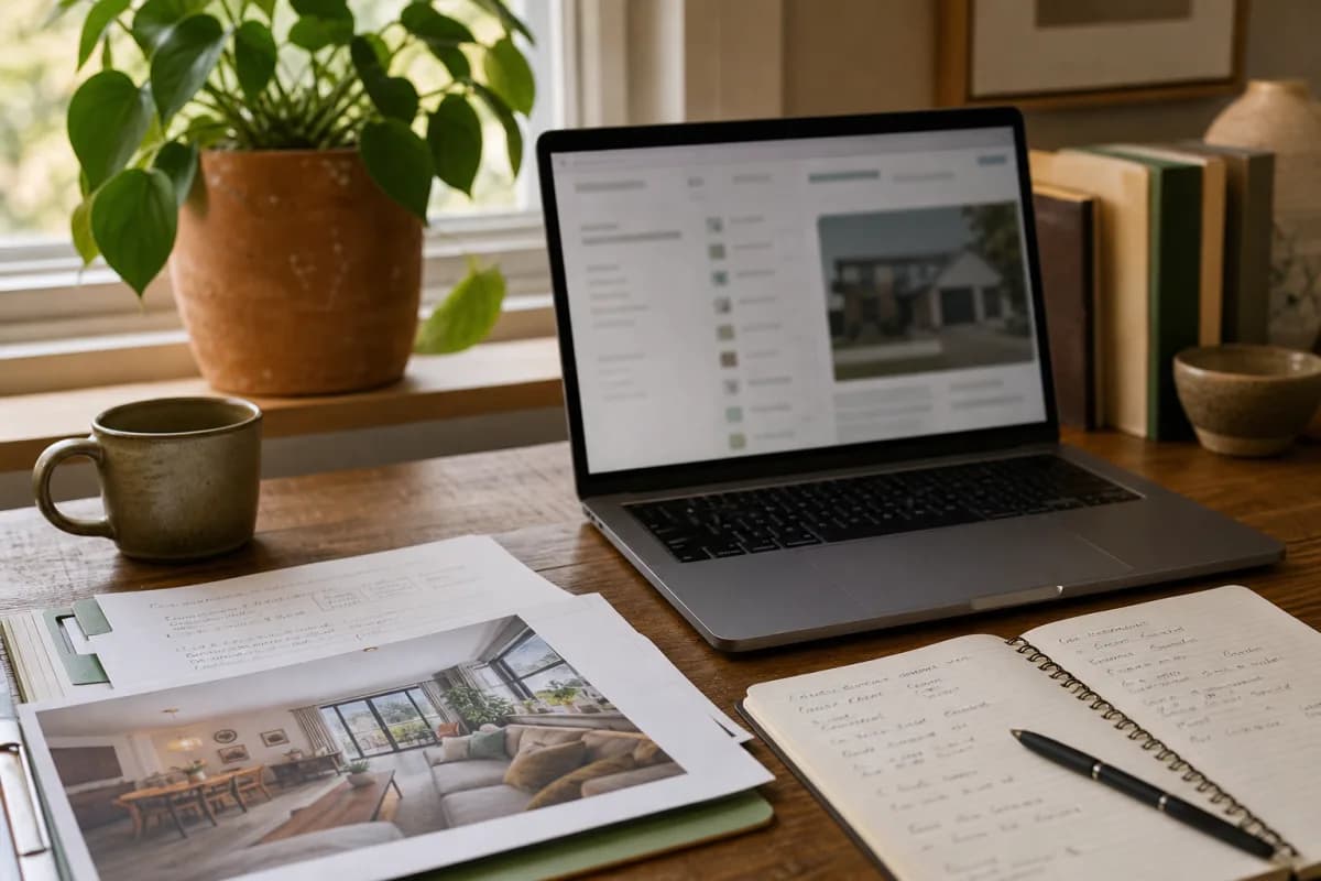 Laptop, property photograph, and review notes on a home office desk