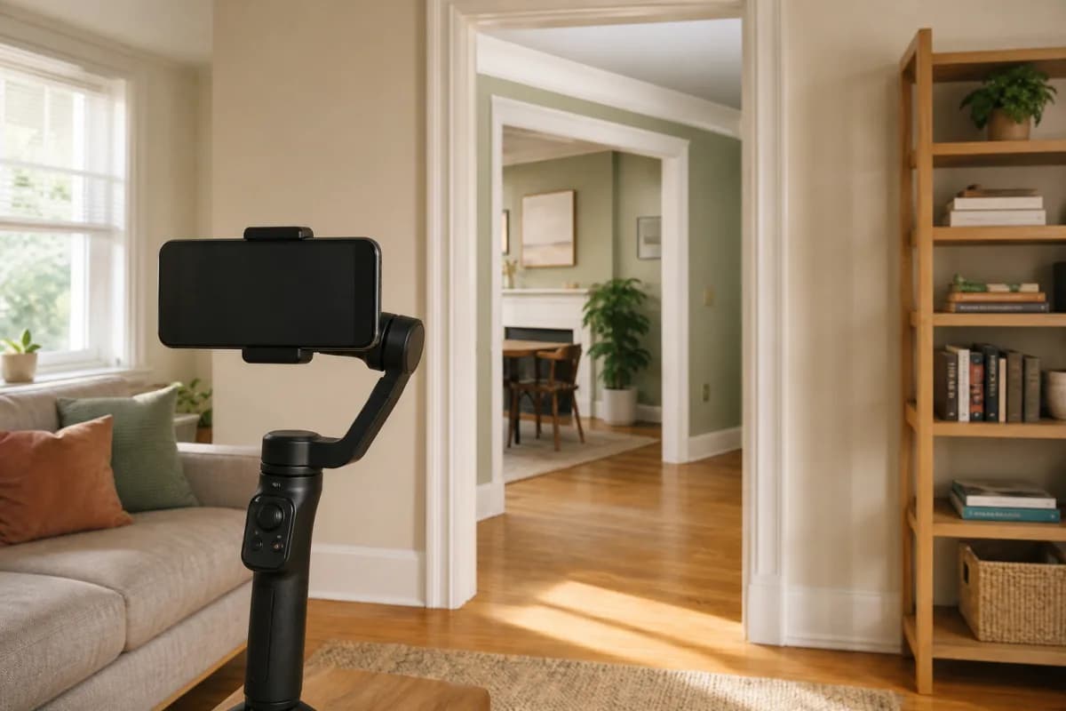Smartphone on a gimbal facing a clear path through connected rooms