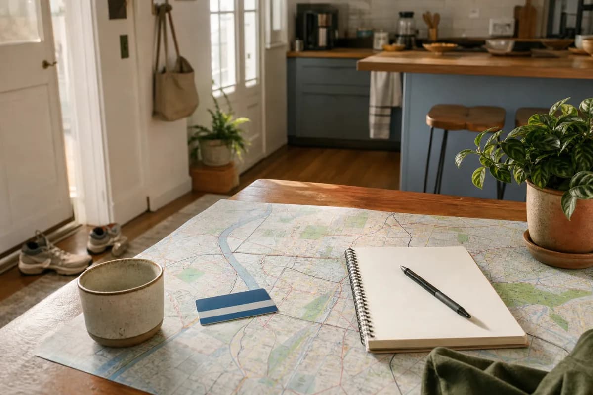 Neighborhood map, blank notebook, transit card, and walking shoes on a kitchen table
