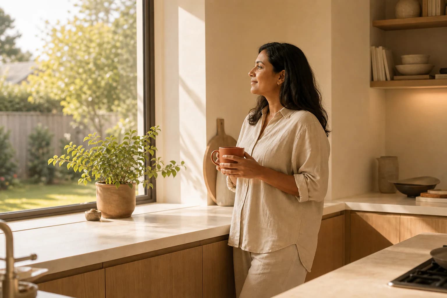 Homeowner in a sunlit kitchen looking out at her backyard