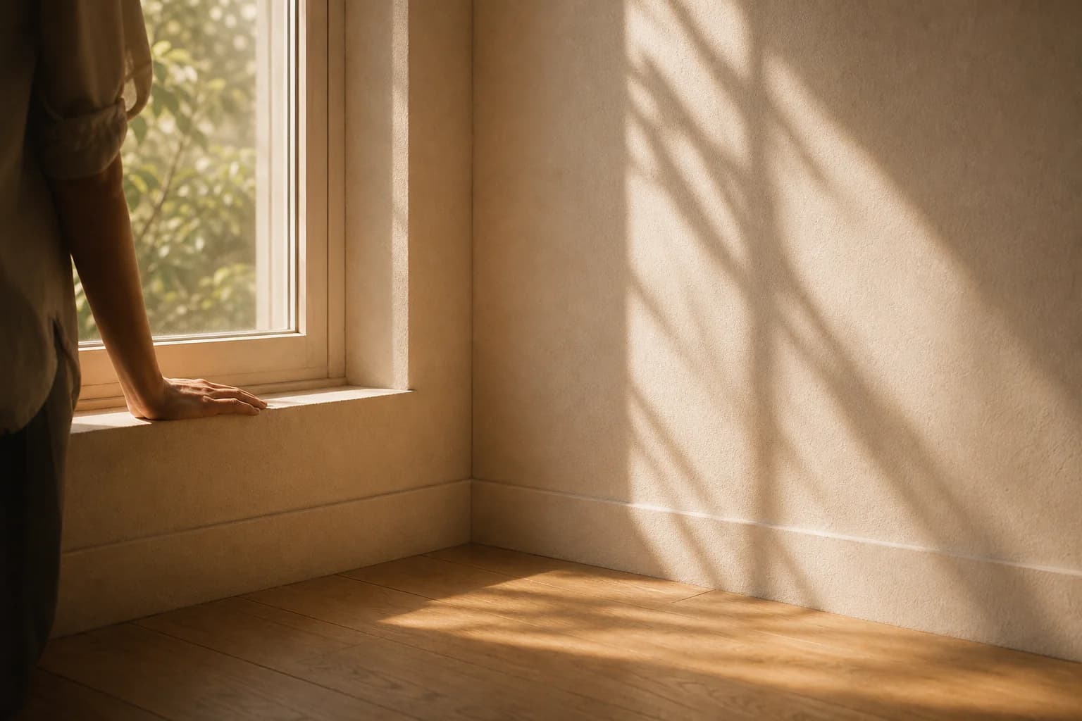 Hand on a windowsill in warm morning light