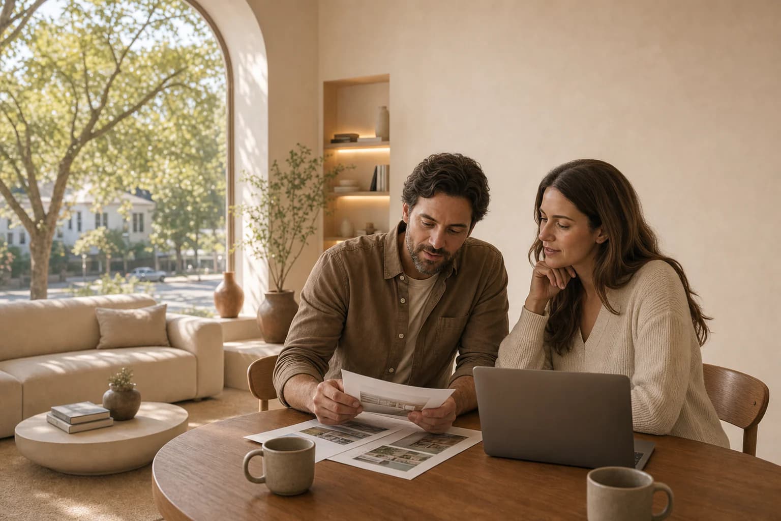 Couple reviewing home notes together at the dining table