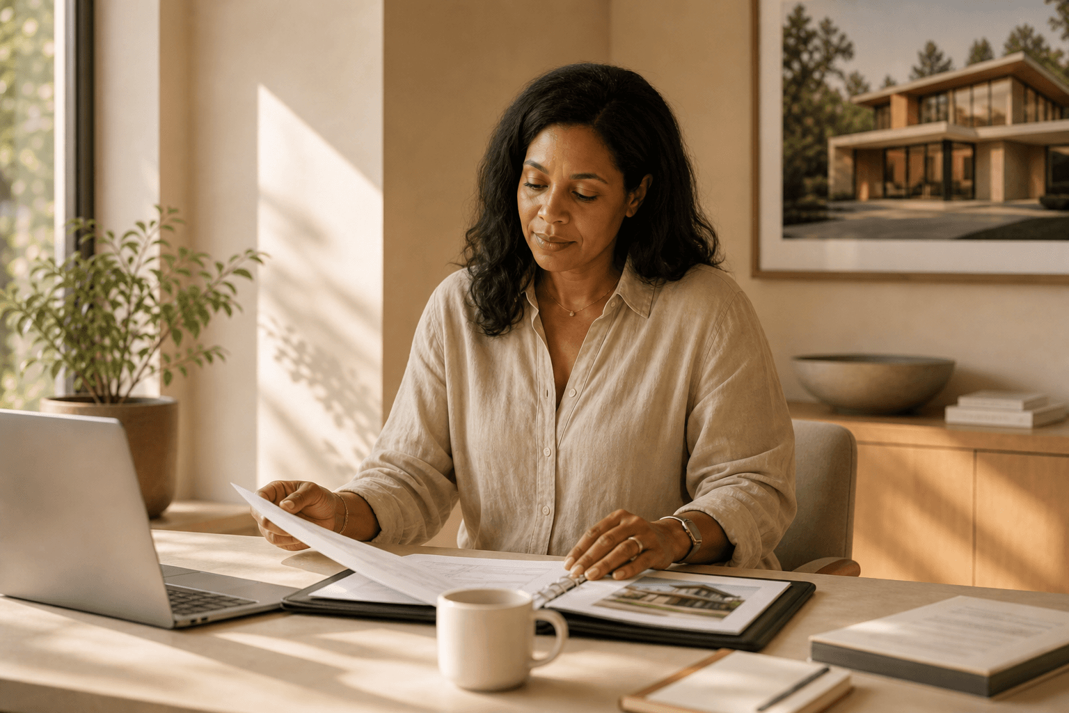 Real estate professional reviewing a property file at a bright desk