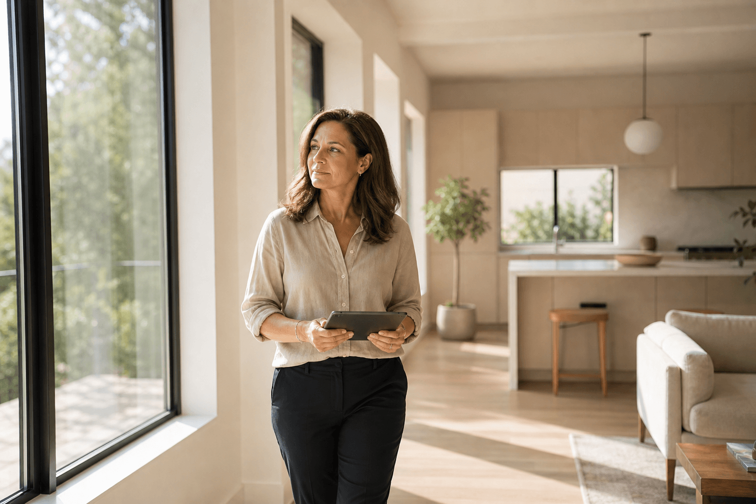 Licensed agent on a listing walkthrough with tablet in hand