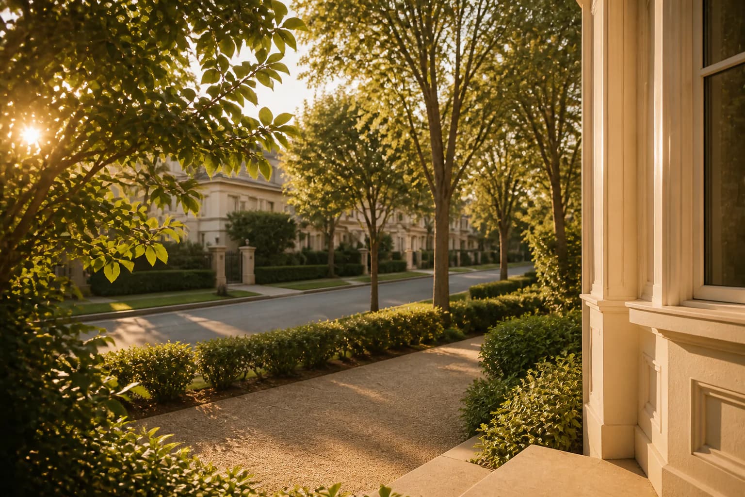 Quiet street view from a front porch at golden hour